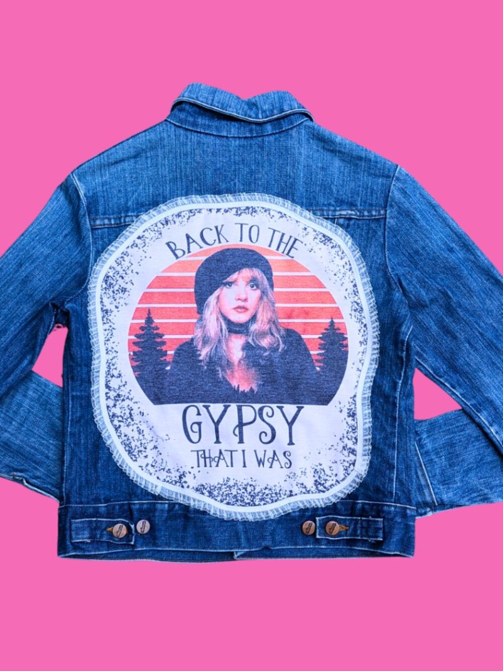 tevie Nicks, Back to the Gypsy, Upcycled T-Shirt Denim Jacket Size M
